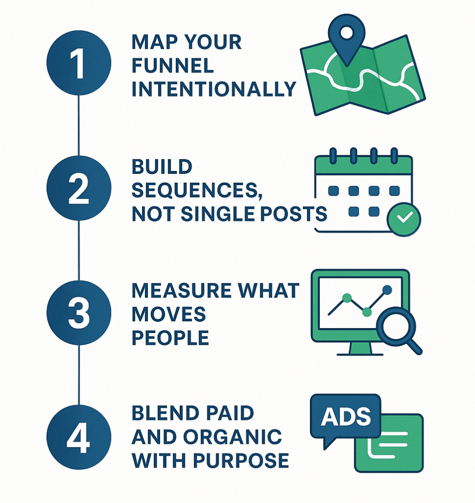 Infographic outlining four strategic steps to design a successful social media conversion funnel: mapping the funnel, building post sequences, measuring performance, and blending paid with organic content.
