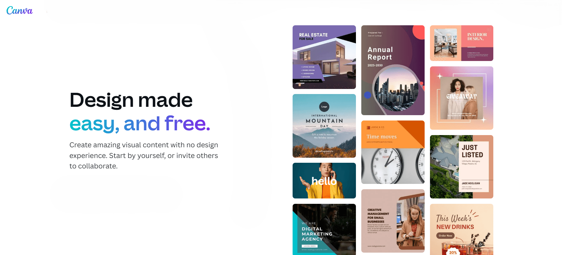 Canva homepage showing design templates and simplicity-focused messaging.