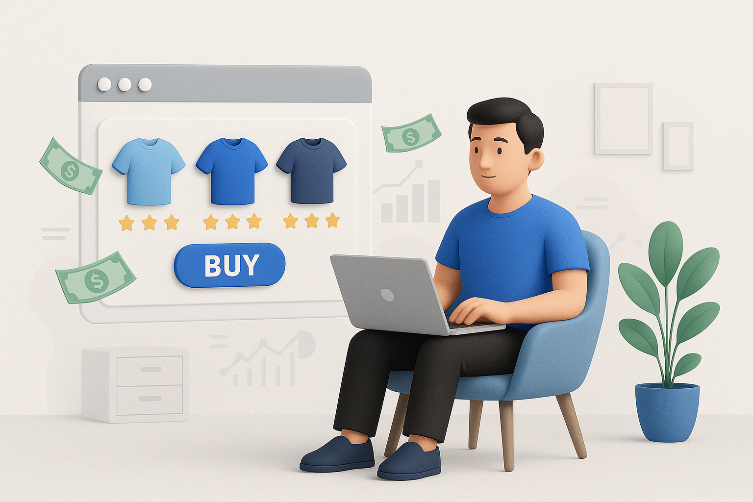 3D illustration of product differentiation in e-commerce with a man comparing online product options. 