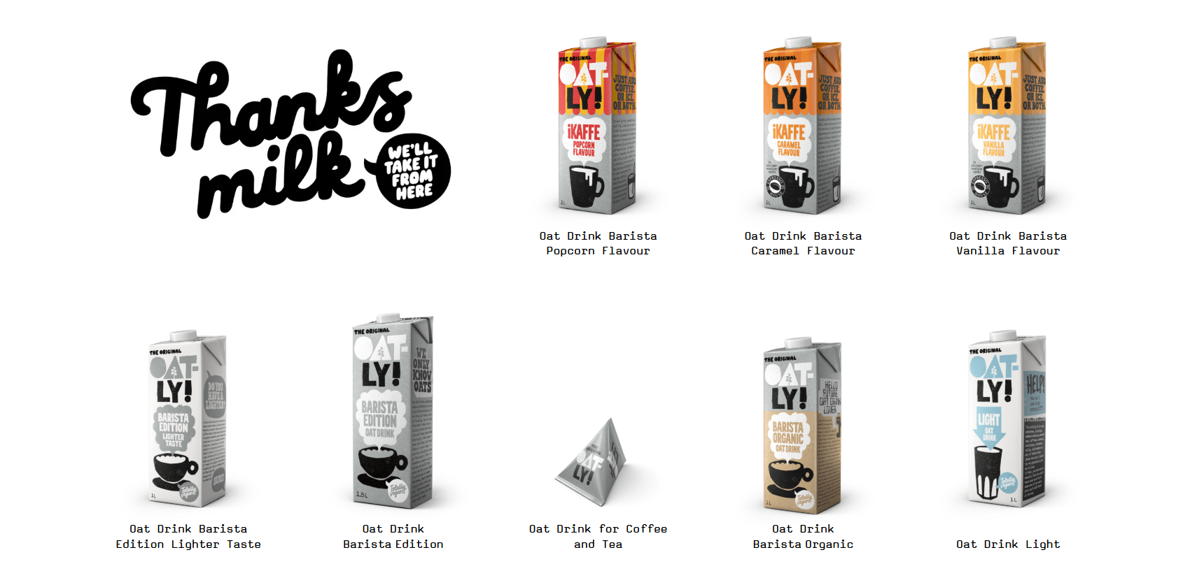 Oatly’s product line with bold packaging and quirky messaging that reflect brand personality