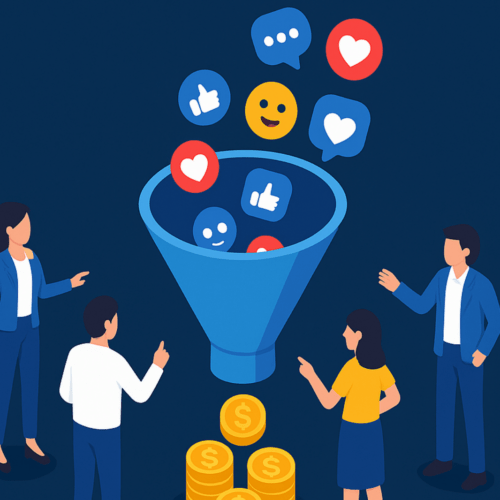 Illustration of people surrounding a social media conversion funnel filled with likes, hearts, and emojis representing how engagement turns into revenue.