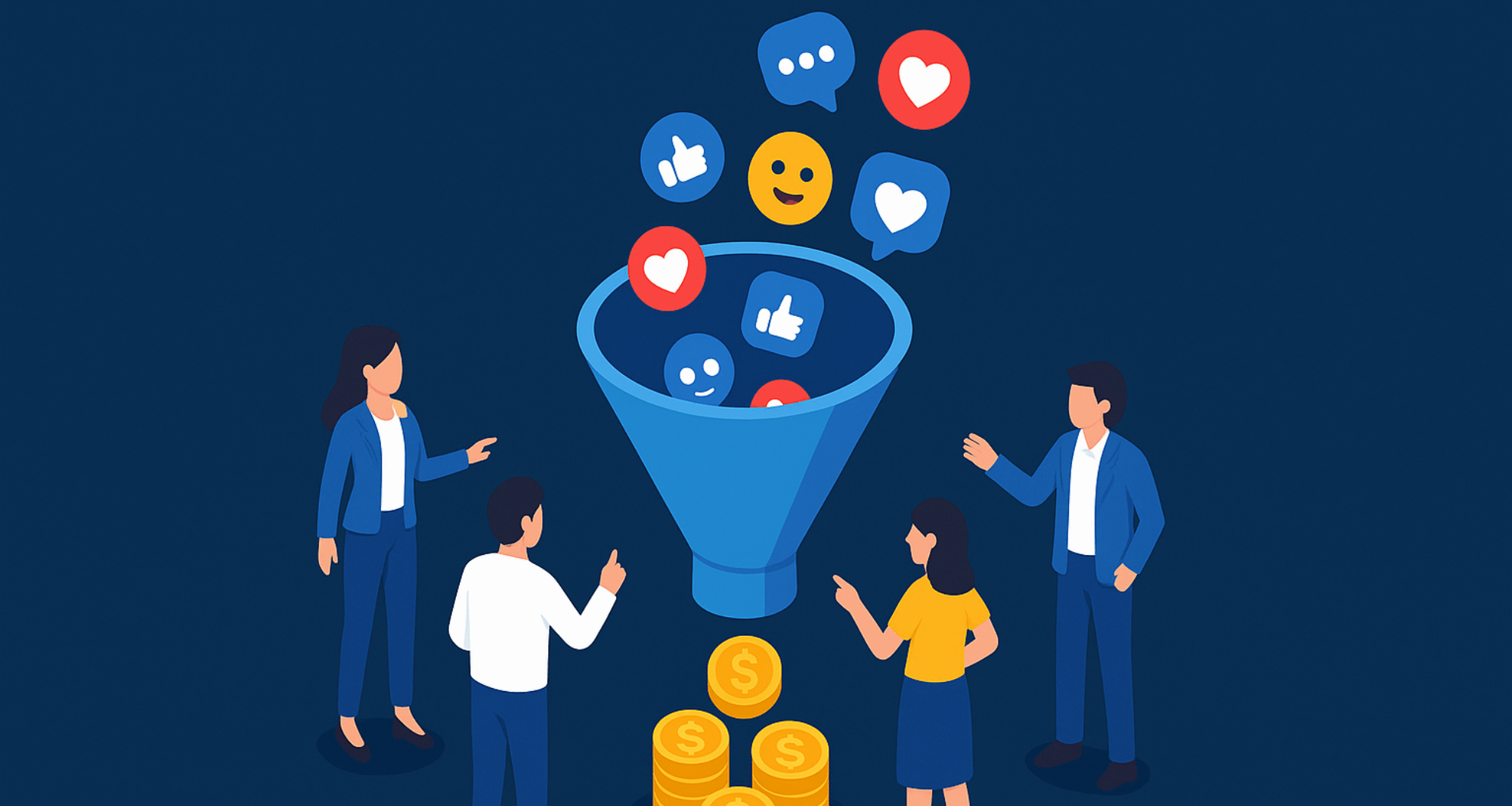 Illustration of people surrounding a social media conversion funnel filled with likes, hearts, and emojis representing how engagement turns into revenue.