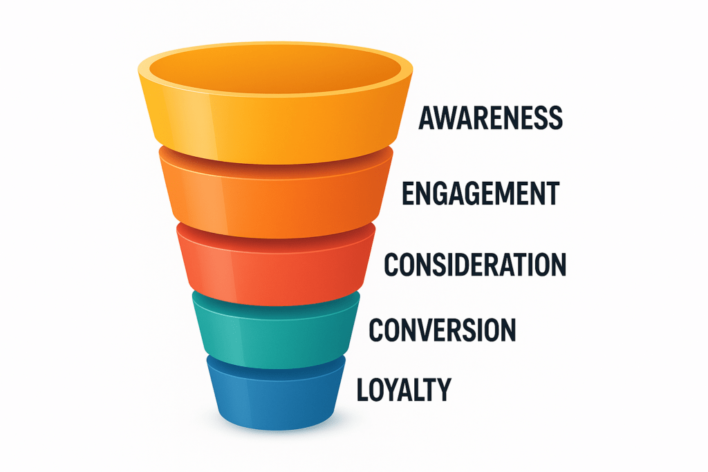 Visual representation of the five key stages of a social media conversion funnel: awareness, engagement, consideration, conversion, and loyalty.