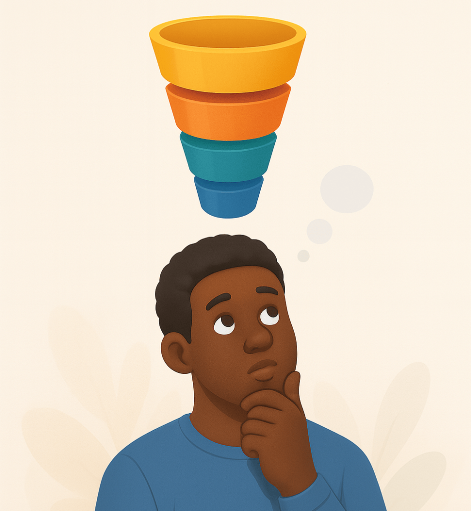 Illustration of a person thinking deeply with a colorful layered funnel above their head, symbolizing the planning process behind building an effective social media conversion funnel.