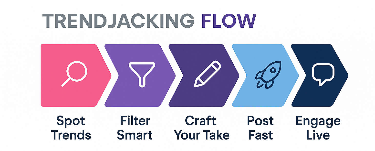 Trendjacking flowchart showing five key steps: Spot Trends, Filter Smart, Craft Your Take, Post Fast, and Engage Live