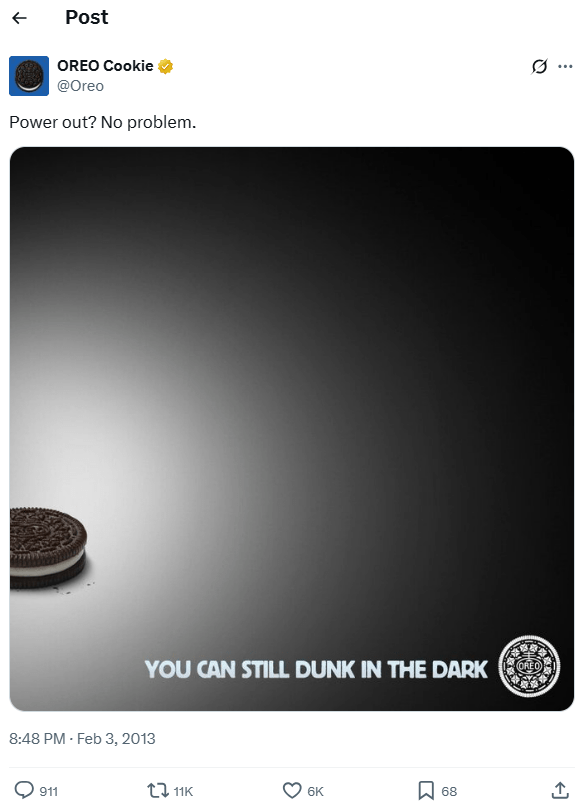 Oreo tweet example showing trendjacking during the Super Bowl blackout