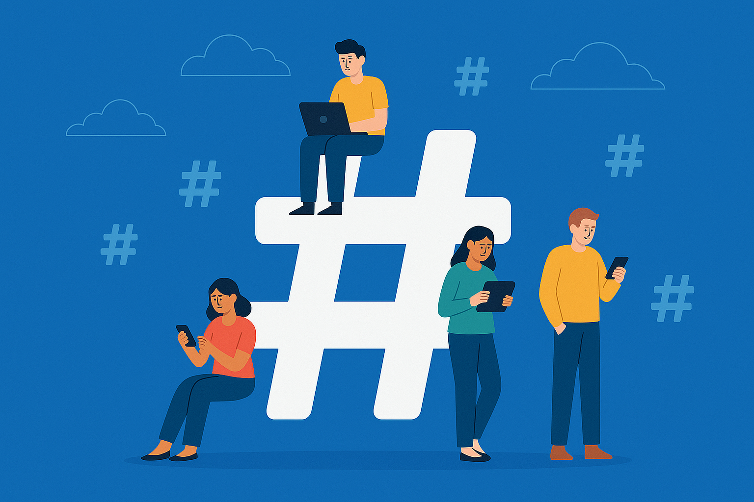 People using devices around a large hashtag symbol, representing trendjacking and online engagement