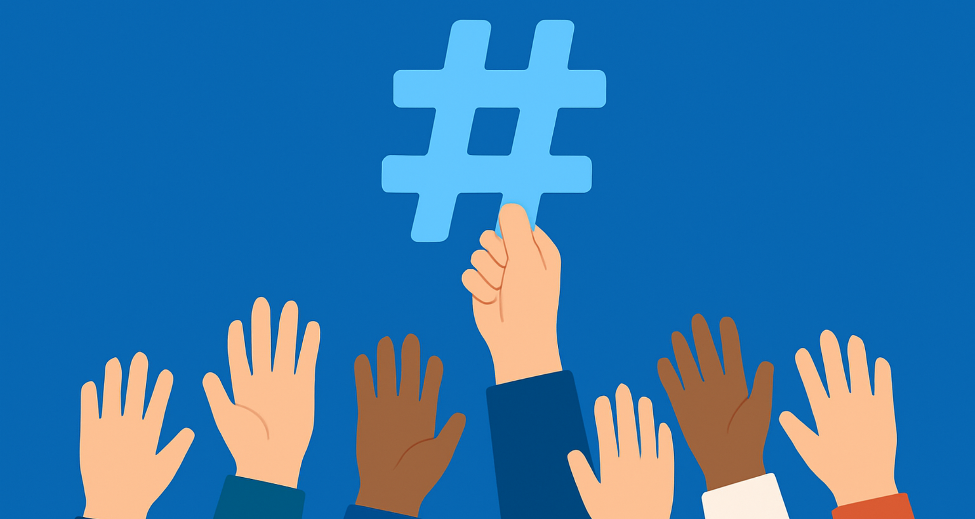 Illustration of diverse hands reaching for a hashtag symbol, representing trendjacking on social media